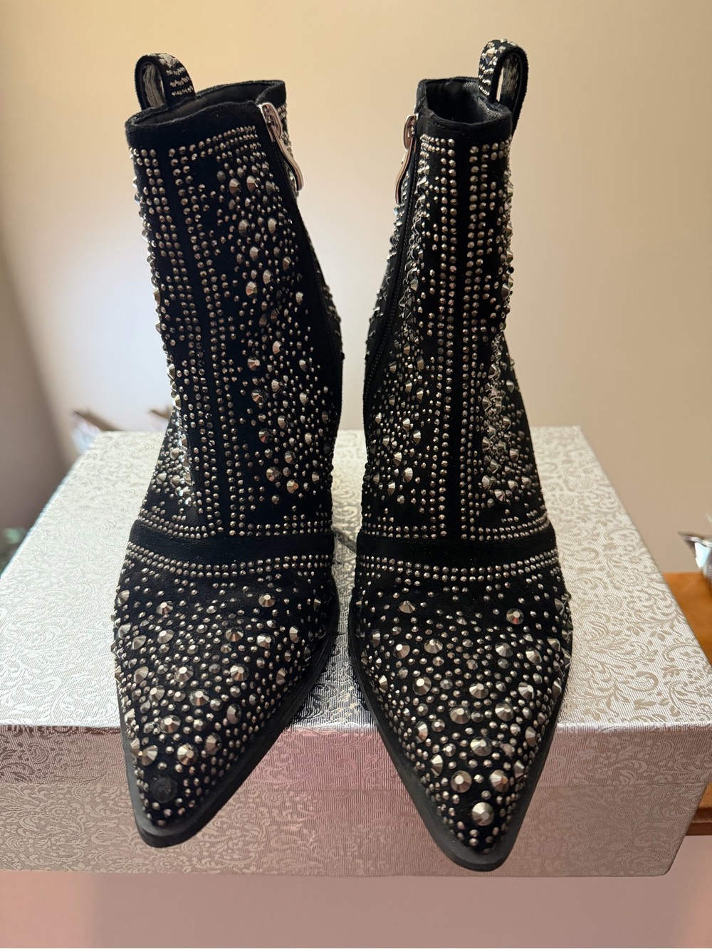 Studded Pointed-Toe Ankle Booties - Black